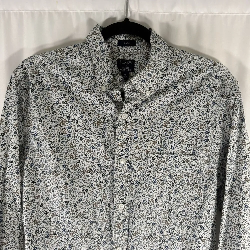 J. Crew Flex Washed Dress Shirt Men's Medium White Floral Slim Button Up Long Sl